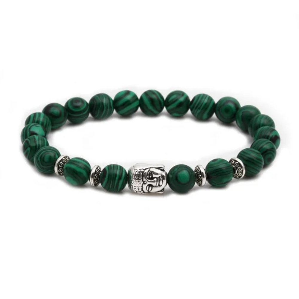 Silver Buddha Head & Green Malachite Natural Stone Beaded Bracelet NEW